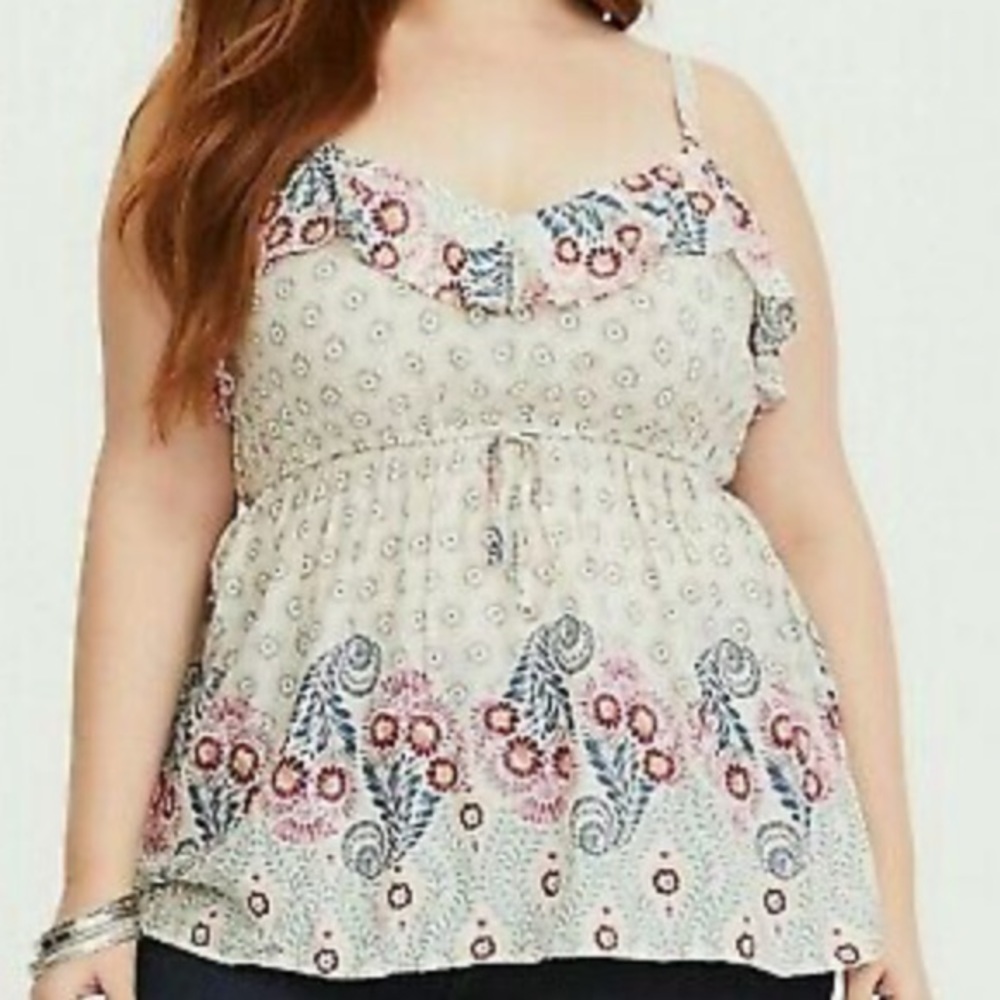 Torrid‎ Tank Top Cami Floral Ruffle Challis Adjustable Straps Rayon Plus Size